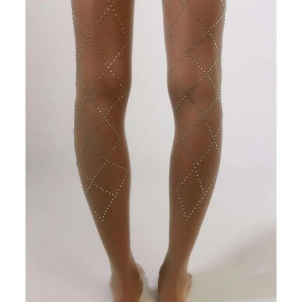 Urban Outfitters Rhinestone Argyle Print Neutral Tights